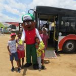 Leeto mascot with children